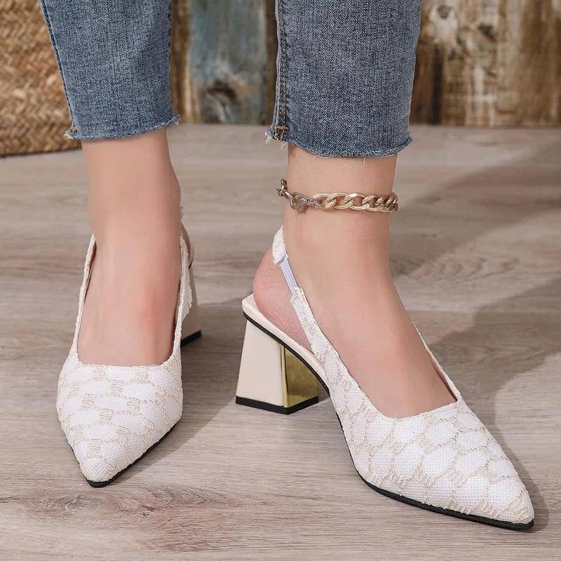 Modische Damen-High-Heels mit spitzer Zehenpartie, flachen, klobigen Absätzen, Pumps zum Reinschlüpfen, Plus Size, prägnante Slingbacks 36 von Joom DACH