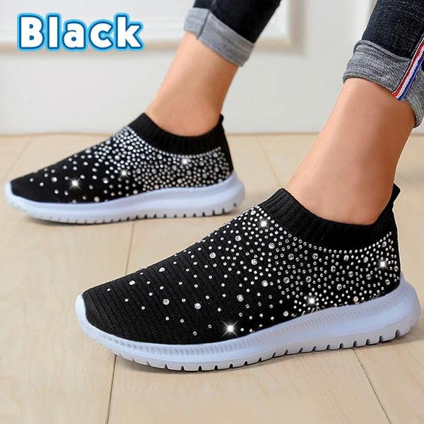 Modische Damen-Schuhe aus leichtem, atmungsaktivem Mesh, elastisch, gestreift, mit Regenbogen-Strasssteinen 40 schwarz von Joom DACH