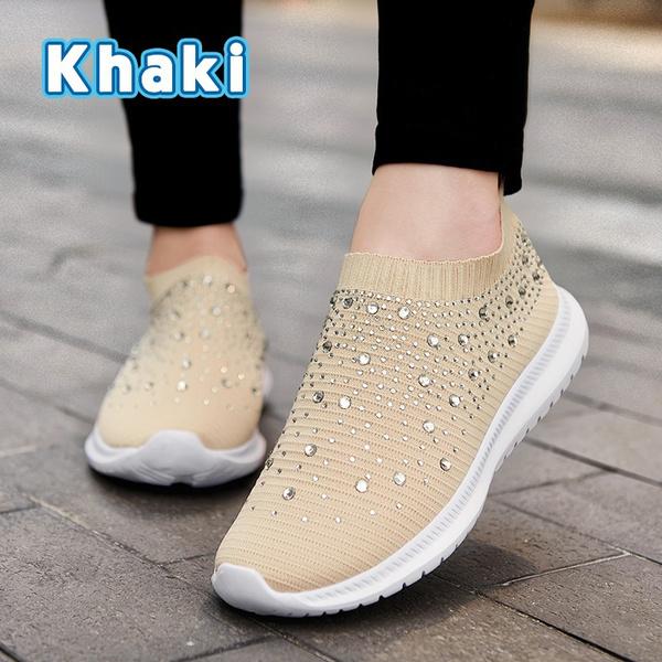 Modische Damen-Schuhe aus leichtem, atmungsaktivem Mesh, elastisch, gestreift, mit Regenbogen-Strasssteinen 41 khaki von Joom DACH