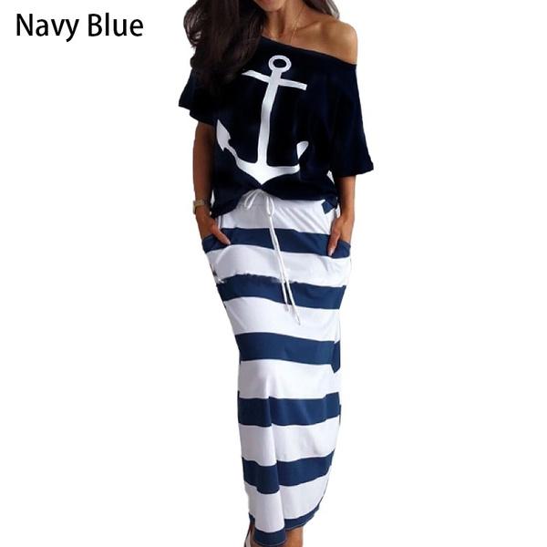 Modische Damen-Sets mit schulterfreiem T-Shirt und gestreiftem Maxirock mit Ankermuster, zweiteiliges Kleid in Übergröße L navy blau von Joom DACH