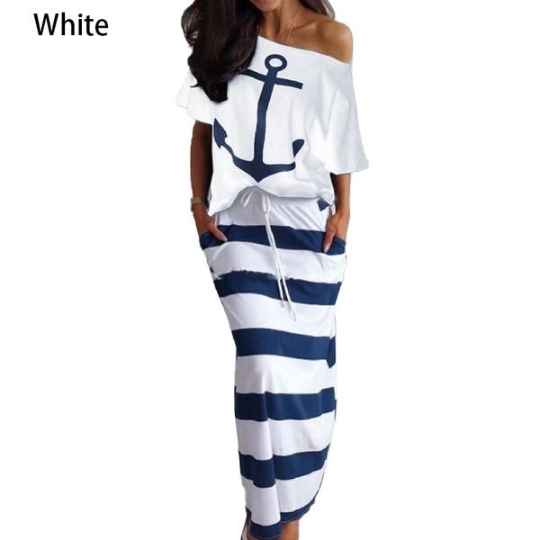 Modische Damen-Sets mit schulterfreiem T-Shirt und gestreiftem Maxirock mit Ankermuster, zweiteiliges Kleid in Übergröße M weiß von Joom DACH