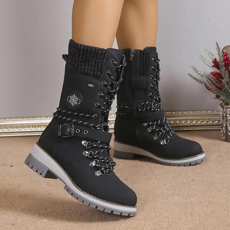 Modische Damen-Thermostiefel mit mittlerer Wade, gestrickt, Spleißen, Schnürung, seitlicher Reißverschluss, All-Match-Outdoor-Stiefel 39 schwarz von Joom DACH