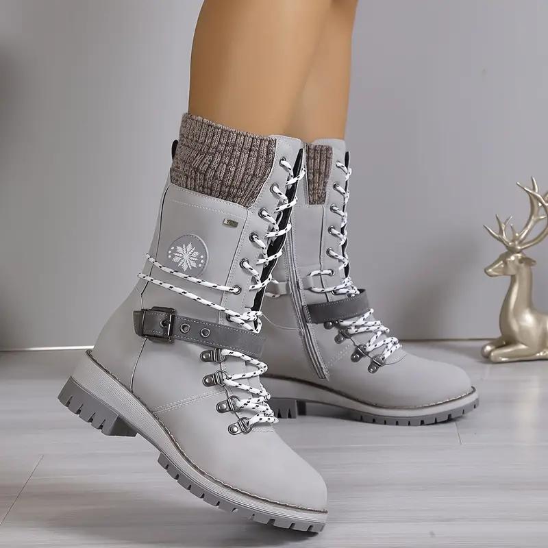 Modische Damen-Thermostiefel mit mittlerer Wade, gestrickt, Spleißen, Schnürung, seitlicher Reißverschluss, All-Match-Outdoor-Stiefel 39 grau von Joom DACH