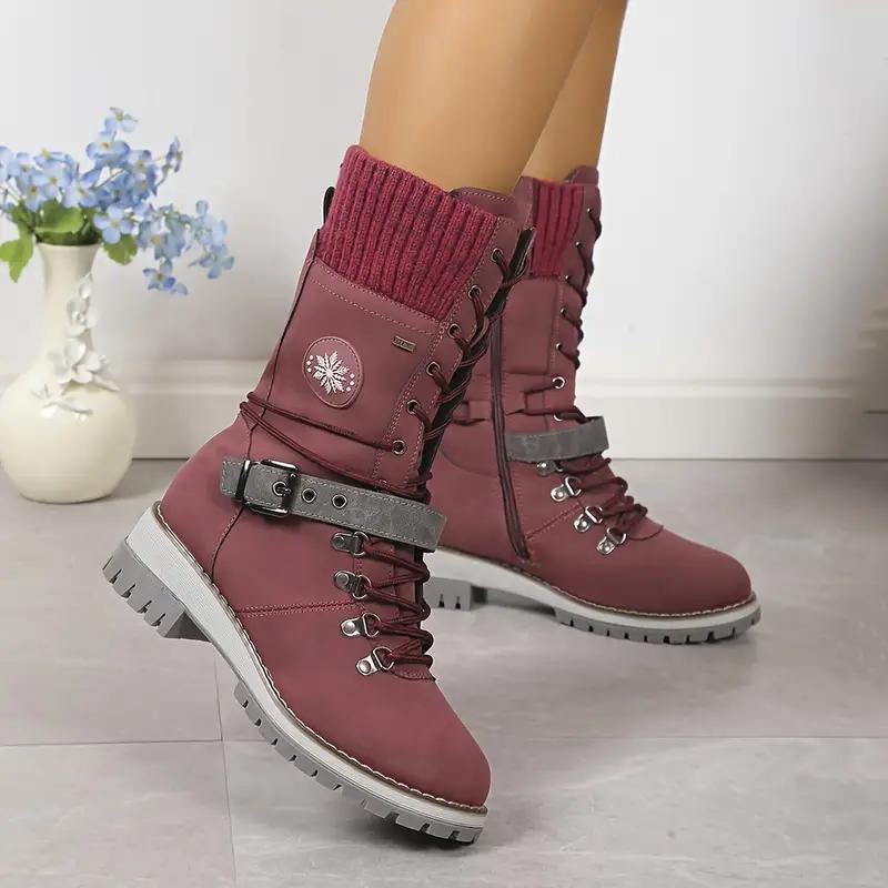 Modische Damen-Thermostiefel mit mittlerer Wade, gestrickt, Spleißen, Schnürung, seitlicher Reißverschluss, All-Match-Outdoor-Stiefel 41 rot von Joom DACH