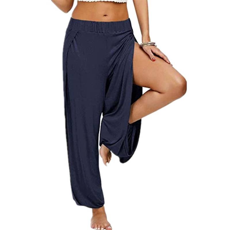 Modische Damenhose, Yogahose, Haremshose für Damen, seitlich geschlitzter Jogger, Hippie-Strand-Jogginghose L blau von Joom DACH