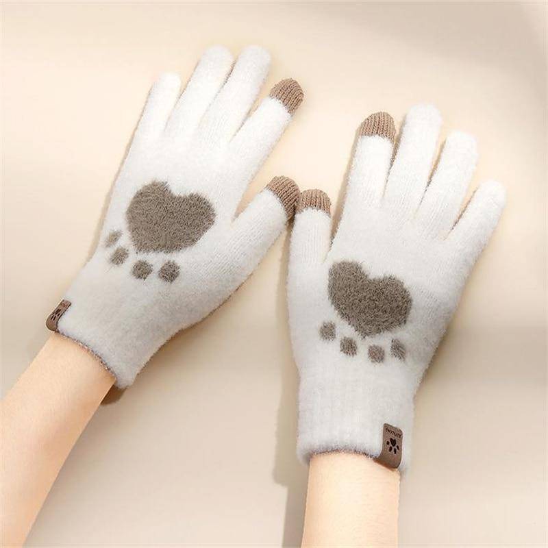 Modische Handschuhe mit Katzenpfoten-Druck, für Handy, Touchscreen, Strickhandschuhe, Winter, dicke, warme, weiche, flauschige Handschuhe für Damen von Joom DACH