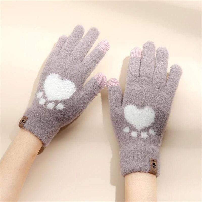 Modische Handschuhe mit Katzenpfoten-Druck, für Handy, Touchscreen, Strickhandschuhe, Winter, dicke, warme, weiche, flauschige Handschuhe für Damen von Joom DACH