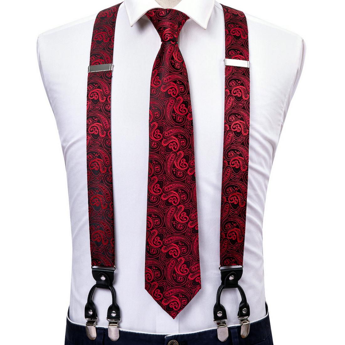 Modische Herren-Krawatten-Hosenträger mit 6 Clips, 3,5 cm Breite, verstellbares Gummiband, rote Hosenträger, Hosenträger, Seidenkrawatte BJ-2001,N-0314 von Joom DACH