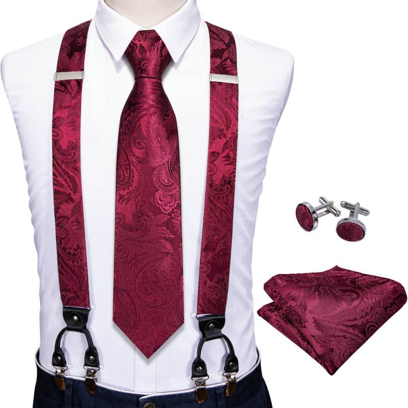 Modische Herren-Krawatten-Hosenträger mit 6 Clips, 3,5 cm Breite, verstellbares Gummiband, rote Hosenträger, Hosenträger, Seidenkrawatte BJ-2036,N-5144 von Joom DACH