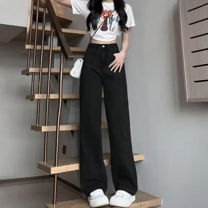 Modische Jeans mit hoher Taille und geradem Bein für Damen, lockere Passform, schlankmachende, drapierte, gezogene Hose, Schwarz/Grau, trendiger Stil XS Modische Jeans mit hoher Taille und geradem Bein für Damen, lockere Passform, schlankmachende, drapierte, gezogene Hose, Schwarz/Grau, trendiger Stil XS von Joom DACH