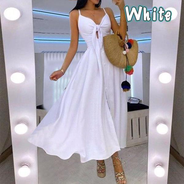 Modische Kleider für Damen, tiefer V-Ausschnitt, ärmellos, Maxi, lässig, Träger, Bohemian-Kleid, Strandkleidung M weiß von Joom DACH