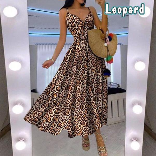 Modische Kleider für Damen, tiefer V-Ausschnitt, ärmellos, Maxi, lässig, Träger, Bohemian-Kleid, Strandkleidung XL Leo-Print von Joom DACH