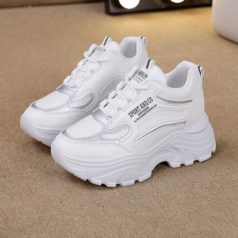 Modische Klobige Plateau-Sneaker Damen Frühling Dicke Sohle Sprots Schuhe Frau PU-Leder Mix Farbe Schnürschuhe Freizeitschuhe 37 weiß von Joom DACH