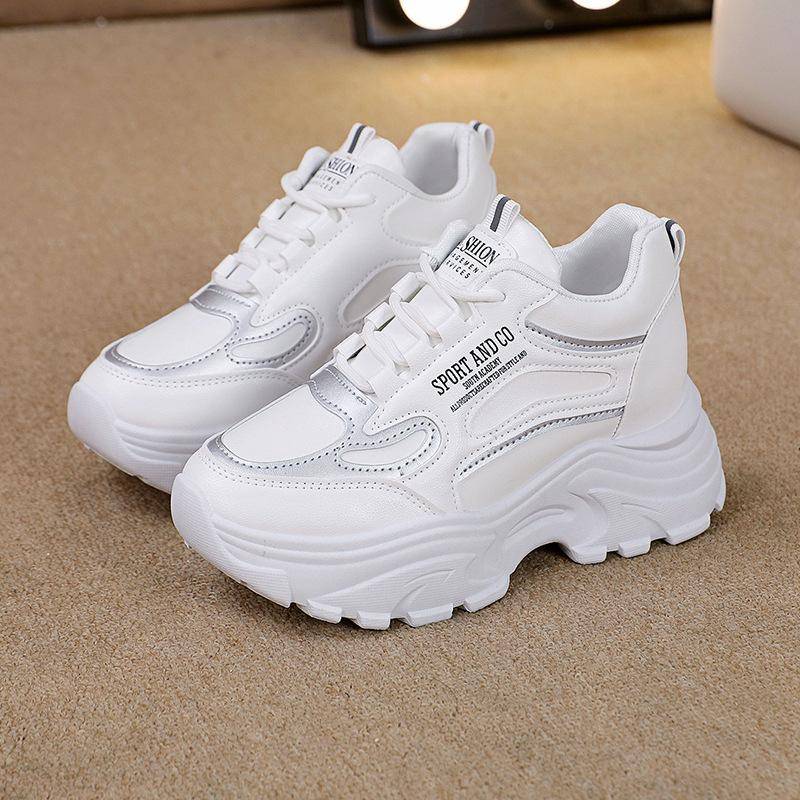 Modische Klobige Plateau-Sneaker Damen Frühling Dicke Sohle Sprots Schuhe Frau PU-Leder Mix Farbe Schnürschuhe Freizeitschuhe 37 weiß von Joom DACH