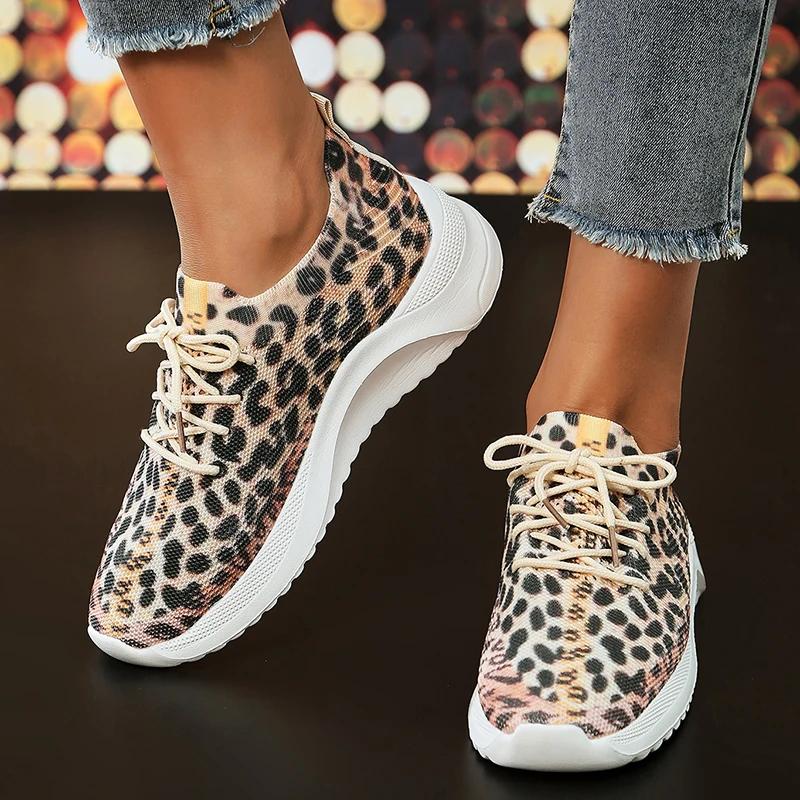 Modische Leopard Strick-Sneaker für Damen Herbst Slipper Walking Schuhe Frau Leichtgewichtige Freizeit Sport-Sneaker Übergröße 39 Leo-Print von Joom DACH