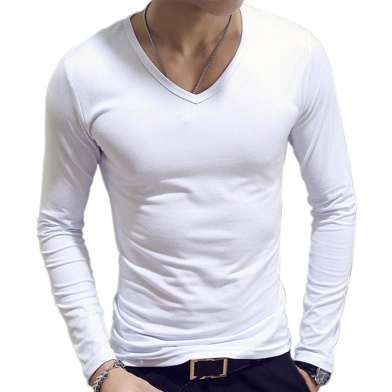 Modische Männer Slim Fit T-shirt Langarm Tops Pullover V-ausschnitt Bluse Casual Mode Neue M weiß von Joom DACH