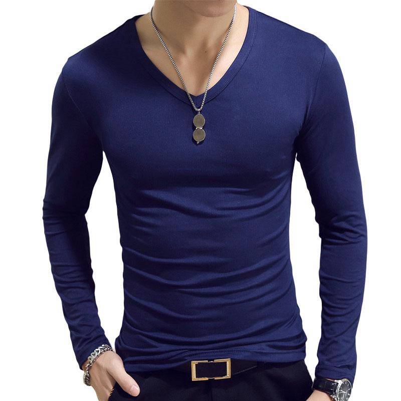 Modische Männer Slim Fit T-shirt Langarm Tops Pullover V-ausschnitt Bluse Casual Mode Neue XL dunkelblaue von Joom DACH