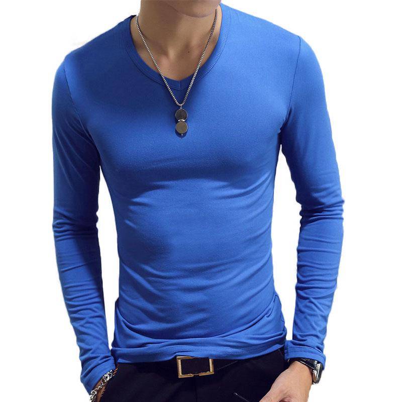 Modische Männer Slim Fit T-shirt Langarm Tops Pullover V-ausschnitt Bluse Casual Mode Neue XL hellblaue von Joom DACH