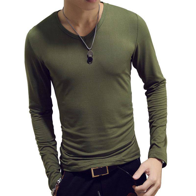Modische Männer Slim Fit T-shirt Langarm Tops Pullover V-ausschnitt Bluse Casual Mode Neue XXXL armee grüne von Joom DACH