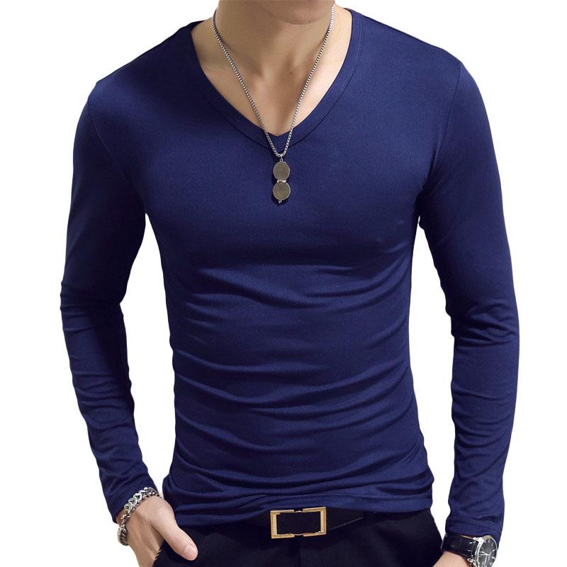 Modische Männer Slim Fit T-shirt Langarm Tops Pullover V-ausschnitt Bluse Casual Mode Neue XXXL dunkelblaue von Joom DACH