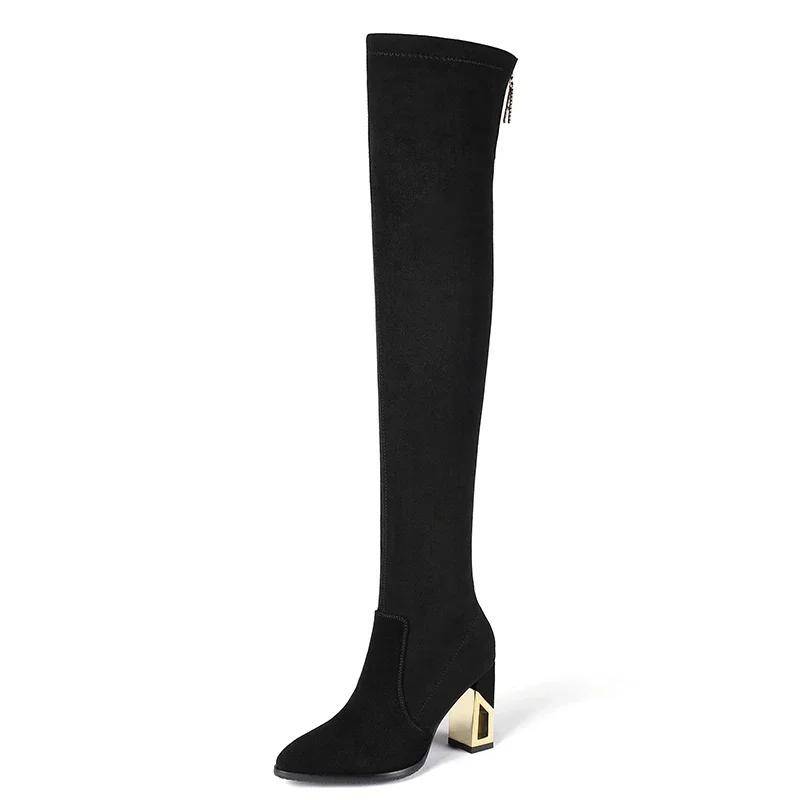 Modische Schuhe für Damen, Reißverschluss, Damenstiefel, Winterstiefel aus Wildleder mit spitzer Spitze, hohes Bein, Overknee-Stiefel mit klobigen Absätzen 37 von Joom DACH