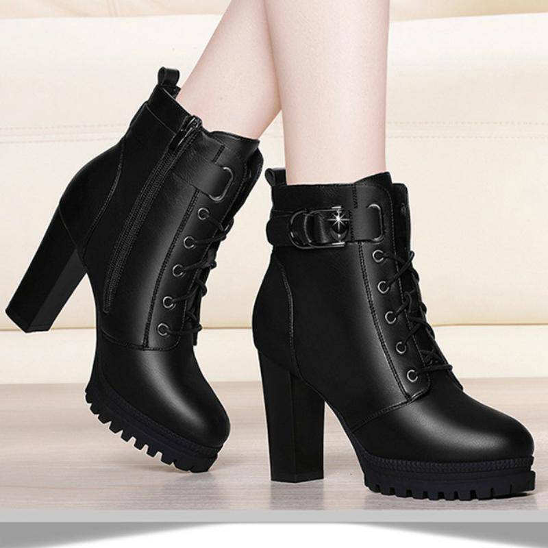 Modische Schuhe für Damen, Winterstiefel für Damen, einfarbig, runde Zehenpartie, Reißverschluss, Schnürung, Schnalle, High Heels, wasserdichte Schuhe für Damen 40 schwarz von Joom DACH