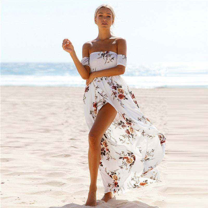 Modische Sommer-Maxikleider für Damen, schulterfrei, mit Blumenmuster, seitlichem Schlitz, für Strandpartys M weiß von Joom DACH