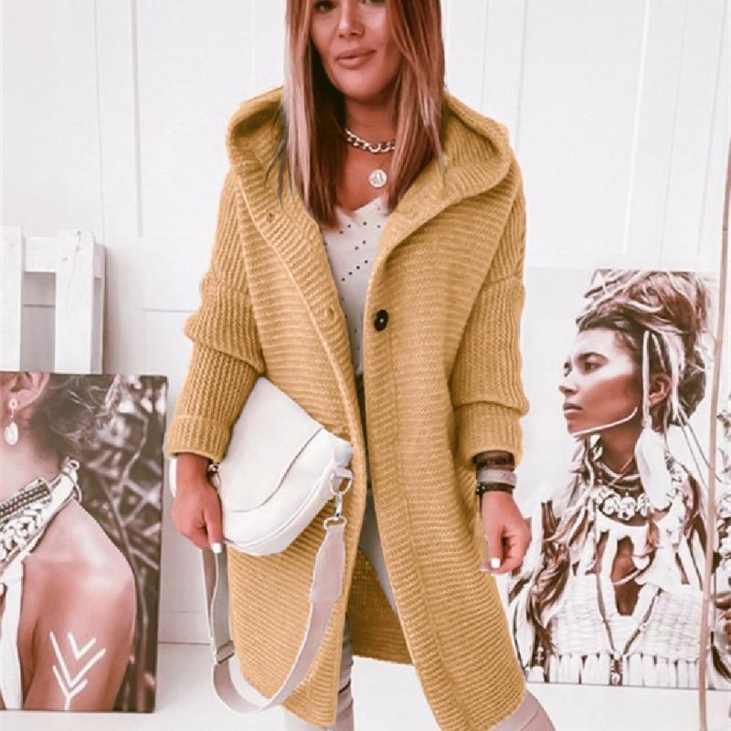 Modische Strickjacke mit Kapuze für Damen in Volltonfarbe – lässige lange Ärmel mit Knopfdetail, hochelastischer Stoff, perfekt für Herbst und Winter. S gelb von Joom DACH