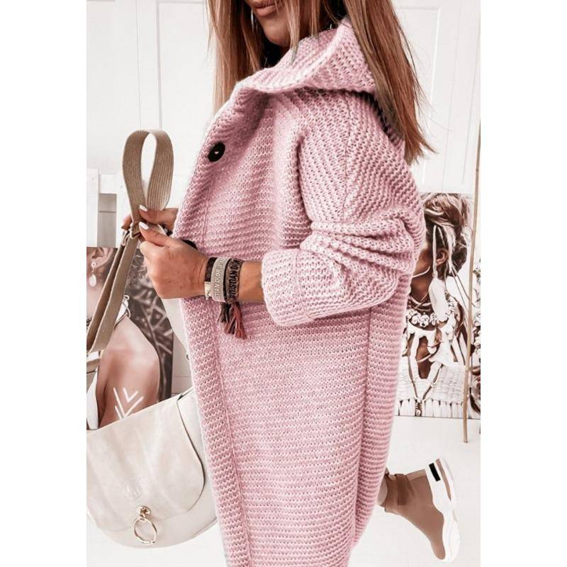 Modische Strickjacke mit Kapuze für Damen in Volltonfarbe – lässige lange Ärmel mit Knopfdetail, hochelastischer Stoff, perfekt für Herbst und Winter. S rosa von Joom DACH