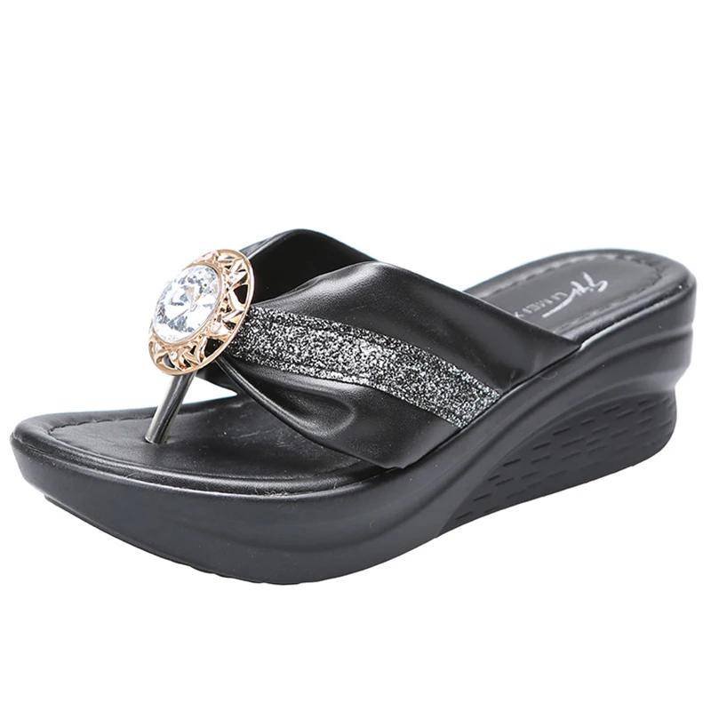 Modische goldene Keilabsatz-Slipper für Damen Pailletten Strass Clip Zehensandalen Frau Sommer Flip Flops Plateau Pantoletten Schuhe 35 schwarz von Joom DACH