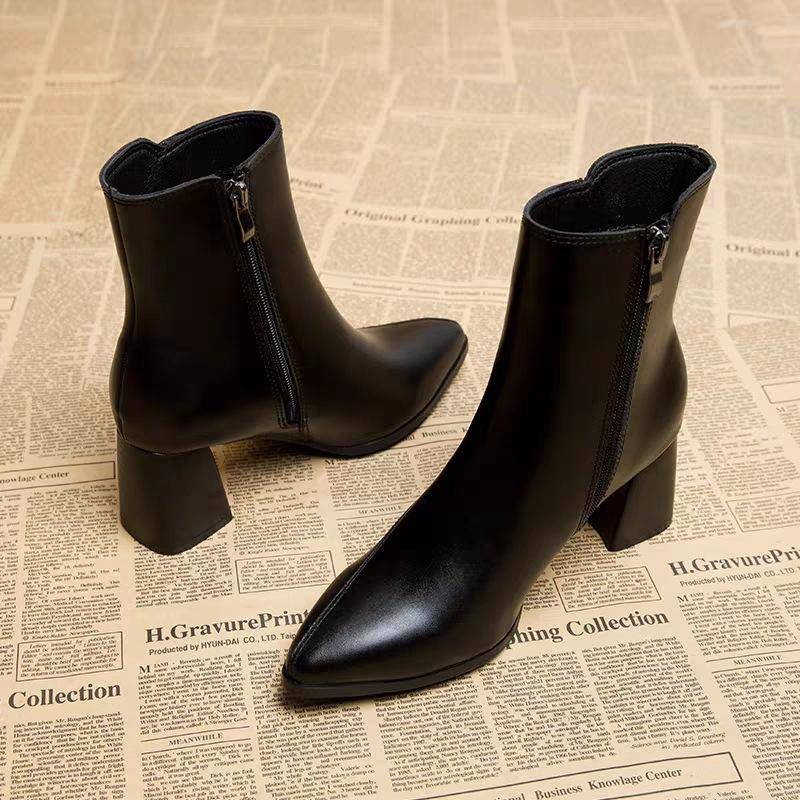 Modische kurze Stiefel für Damen mit dicken Absätzen, neues spitzes Zehendesign für Herbst und Winter 38 schwarz von Joom DACH