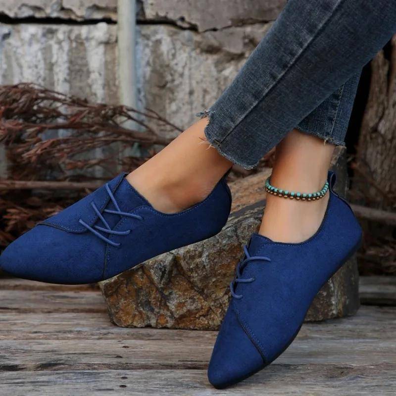 Modische spitze Schuhe Damenschuhe Tägliche Freizeitklassiker Schwarze Schnürschuhe Bequeme Flats Damen Flache Schuhe Herbst 37 blau von Joom DACH