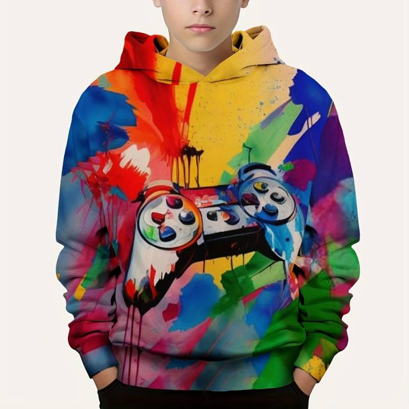Modischer Farbblock-Gamepad-3D-Druck, süßer und gemütlicher Kapuzenpullover für Kinder und Jungen, hält ihn warm und stilvoll, Kinder-Kapuzenpullover, Tops, Kleidung 140 von Joom DACH