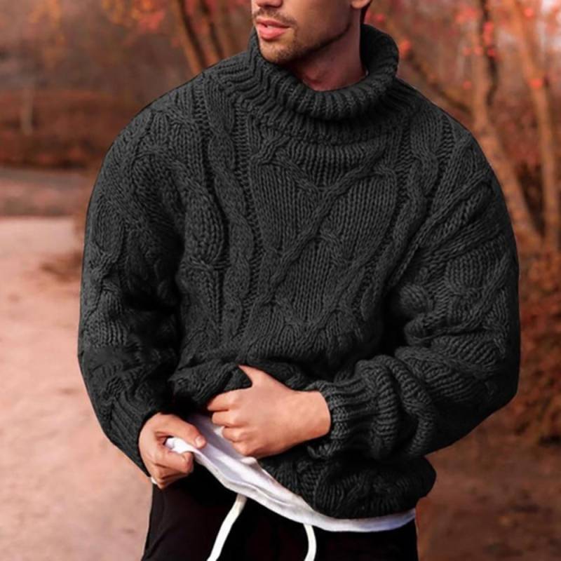 Modischer Herren-Herbst/Winter-Strickpullover mit Rollkragen, warm, einfarbig, gedrehter Zopf S schwarz von Joom DACH