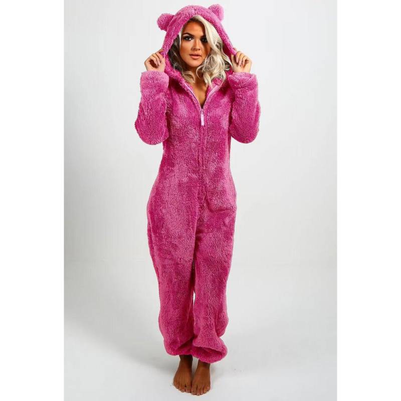 Modischer Onesies-Schlafanzug aus Fleece, Nachtwäsche, Overall, Übergröße, Kapuzen-Set, Schlafanzug für Damen und Erwachsene, für den Winter, warmer Pyjama für Damen S rose rot von Joom DACH