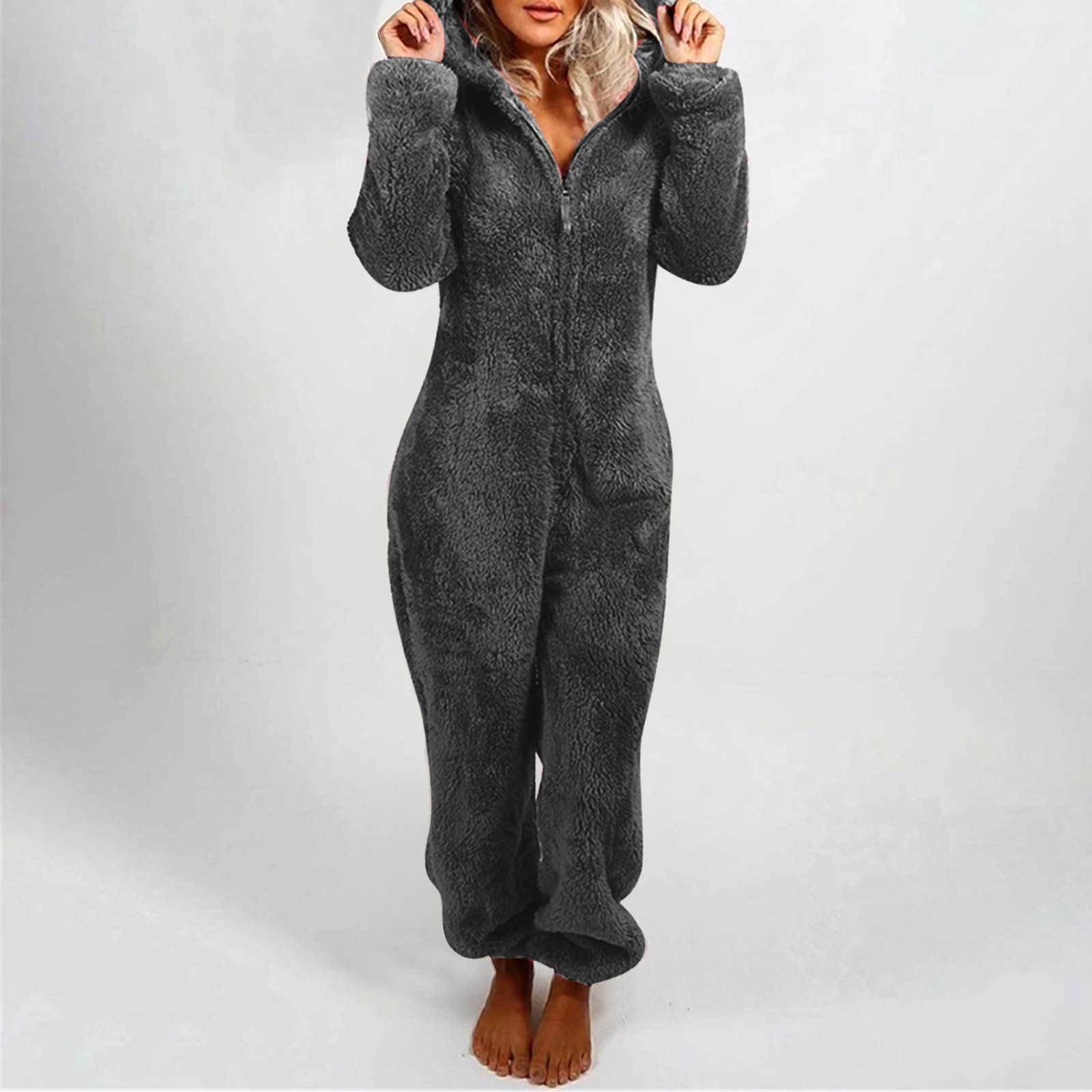 Modischer Onesies-Schlafanzug aus Fleece, Nachtwäsche, Overall, Übergröße, Kapuzen-Set, Schlafanzug für Damen und Erwachsene, für den Winter, warmer Pyjama für Damen XXXL dunkelgrau von Joom DACH