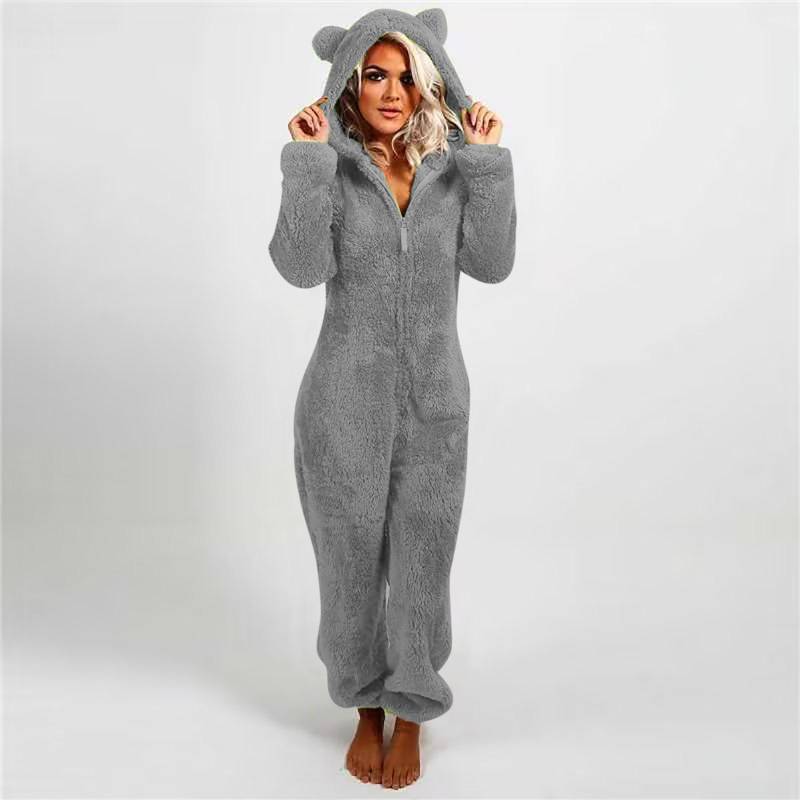 Modischer Onesies-Schlafanzug aus Fleece, Nachtwäsche, Overall, Übergröße, Kapuzen-Set, Schlafanzug für Damen und Erwachsene, für den Winter, warmer Pyjama für Damen XXXL grau von Joom DACH