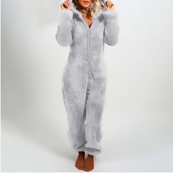 Modischer Onesies-Schlafanzug aus Fleece, Nachtwäsche, Overall, Übergröße, Kapuzen-Set, Schlafanzug für Damen und Erwachsene, für den Winter, warmer Pyjama für Damen XXXL licht grau von Joom DACH