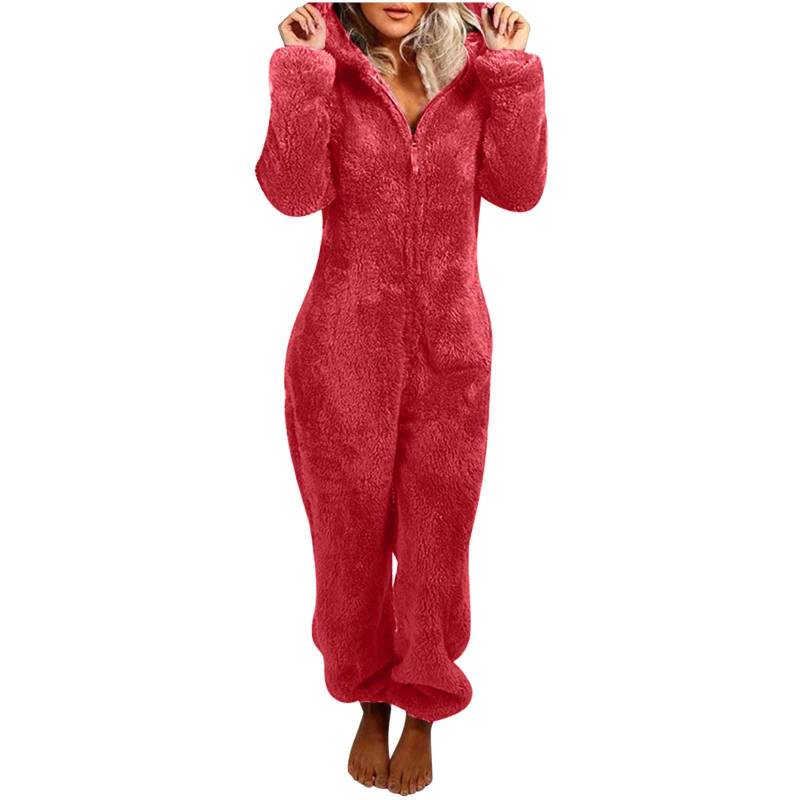 Modischer Onesies-Schlafanzug aus Fleece, Nachtwäsche, Overall, Übergröße, Kapuzen-Set, Schlafanzug für Damen und Erwachsene, für den Winter, warmer Pyjama für Damen XXXL rot von Joom DACH