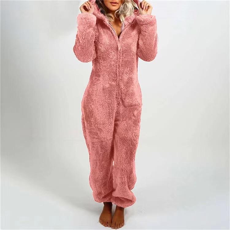 Modischer Onesies-Schlafanzug aus Fleece, Nachtwäsche, Overall, Übergröße, Kapuzen-Set, Schlafanzug für Damen und Erwachsene, für den Winter, warmer Pyjama für Damen XXXL tief rosa von Joom DACH