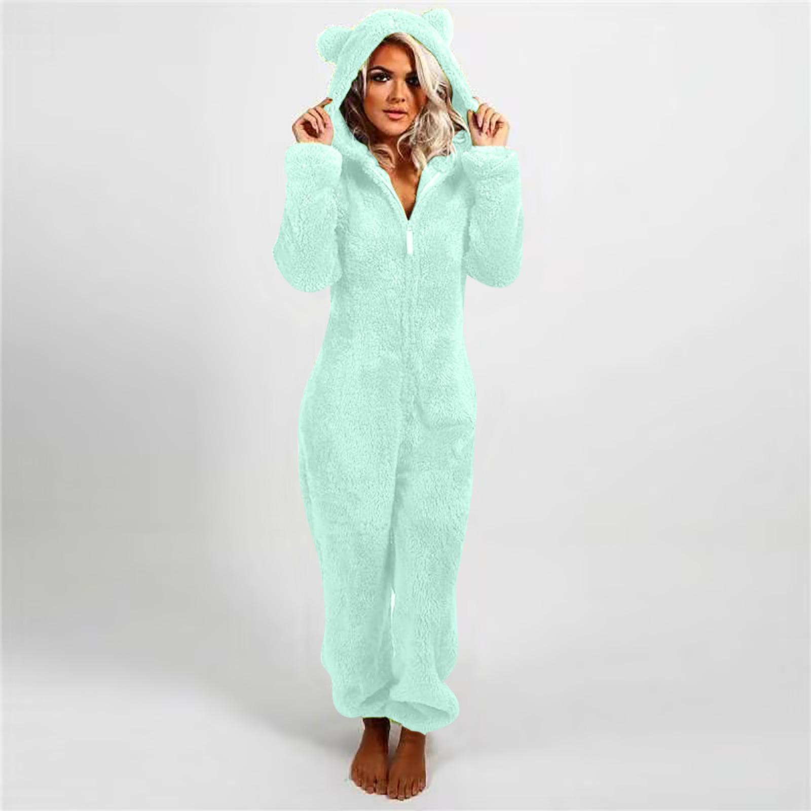 Modischer Onesies-Schlafanzug aus Fleece, Nachtwäsche, Overall, Übergröße, Kapuzen-Set, Schlafanzug für Damen und Erwachsene, für den Winter, warmer Pyjama für Damen XXXXXL hellgrüne von Joom DACH