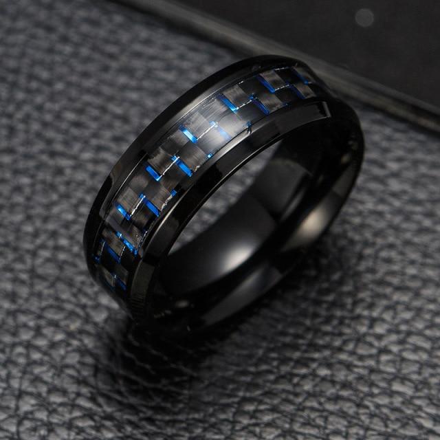 Modischer Ring aus Titanstahl und Kohlefaser für Männer, blau-roter quadratischer Kohlefaserring, cooler Ring für Männer, Modeschmuck 8 blau von Joom DACH