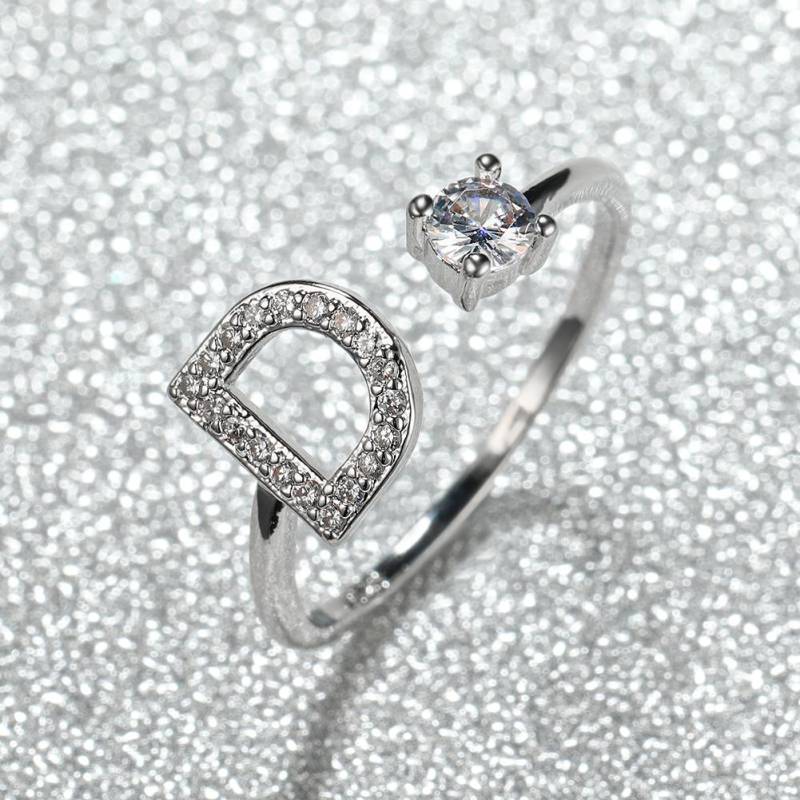Modischer Ring mit 26 Buchstaben, CZ, Namensinitialen, Ehering, Krone, Liebesring, Brautjungfern-Geschenk, Paarring D silber von Joom DACH