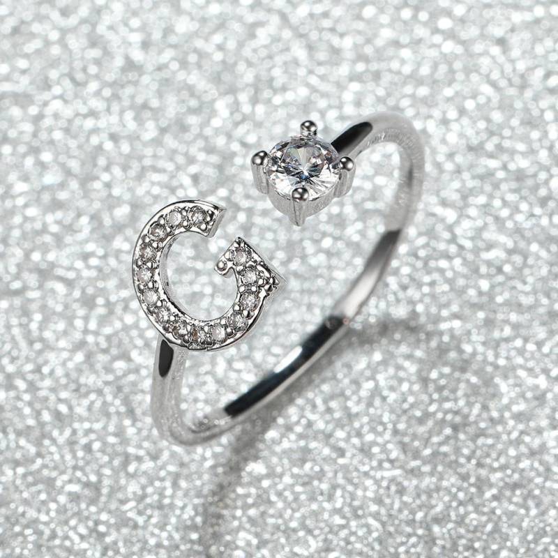 Modischer Ring mit 26 Buchstaben, CZ, Namensinitialen, Ehering, Krone, Liebesring, Brautjungfern-Geschenk, Paarring G silber von Joom DACH