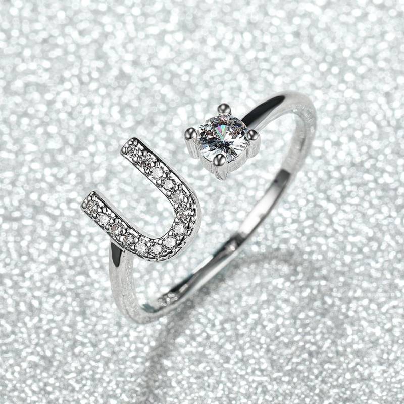 Modischer Ring mit 26 Buchstaben, CZ, Namensinitialen, Ehering, Krone, Liebesring, Brautjungfern-Geschenk, Paarring U silber von Joom DACH