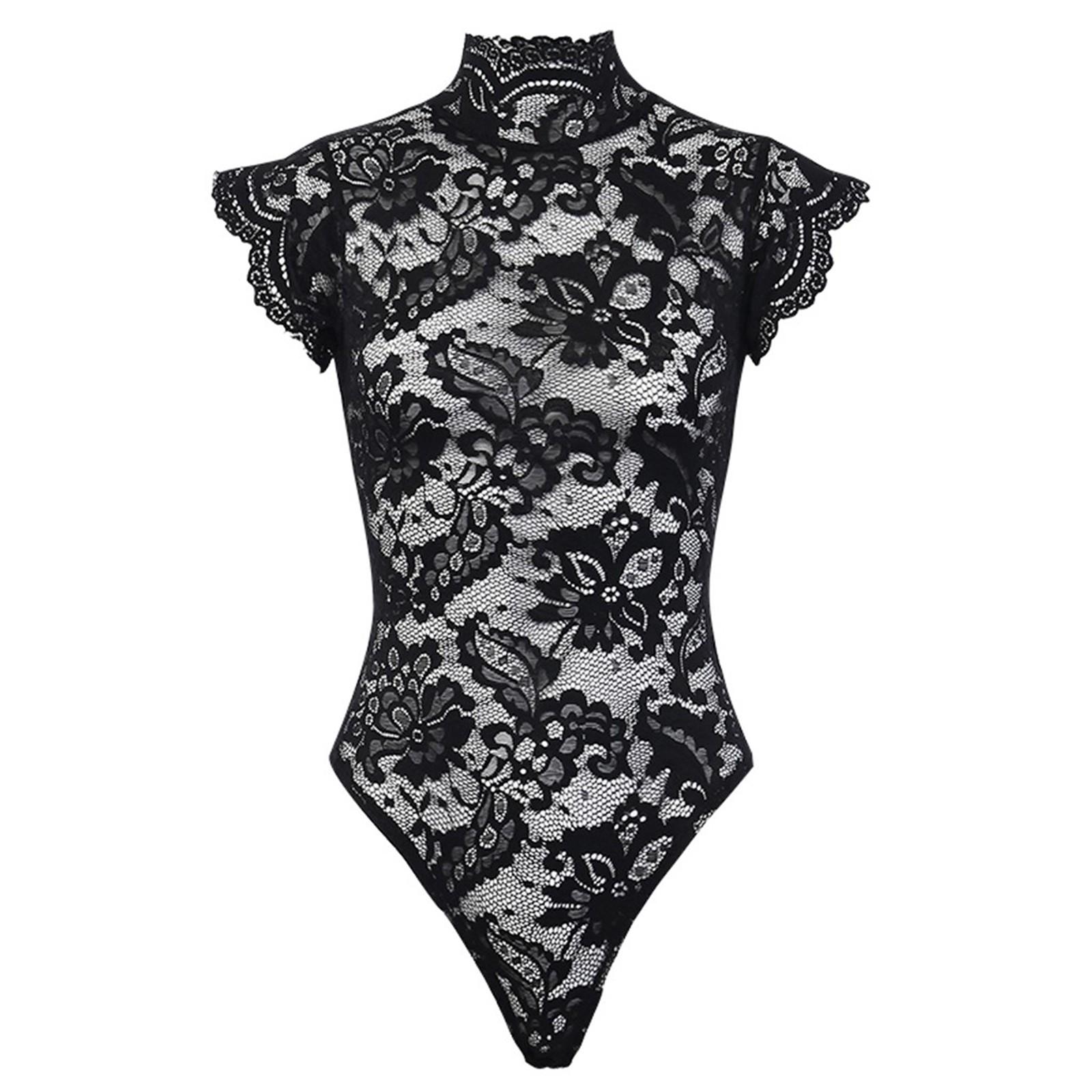 Modischer Spitzen-Bodysuit für Damen mit supersexy Kreuz auf der Rückseite, hochgeschlossener Tanga-Slip XL schwarz von Joom DACH