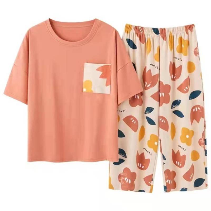 Modisches, zweiteiliges Homewear-Set mit kurzen Ärmeln und sieben Hosen für den Sommer für Damen – trendig und atmungsaktiv 5XL von Joom DACH