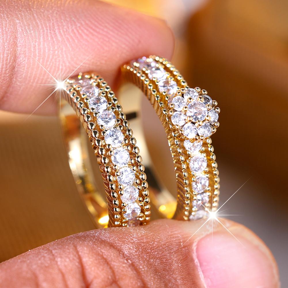 Modisches 2-teiliges Set mit blumenförmigen Zirkonia-Ringen für Frauen, luxuriöse, elegante Verlobungsringe, Party-Schmuckgeschenke 13 gold/weiß von Joom DACH