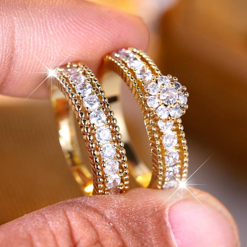 Modisches 2-teiliges Set mit blumenförmigen Zirkonia-Ringen für Frauen, luxuriöse, elegante Verlobungsringe, Party-Schmuckgeschenke 13 weiß/gold von Joom DACH