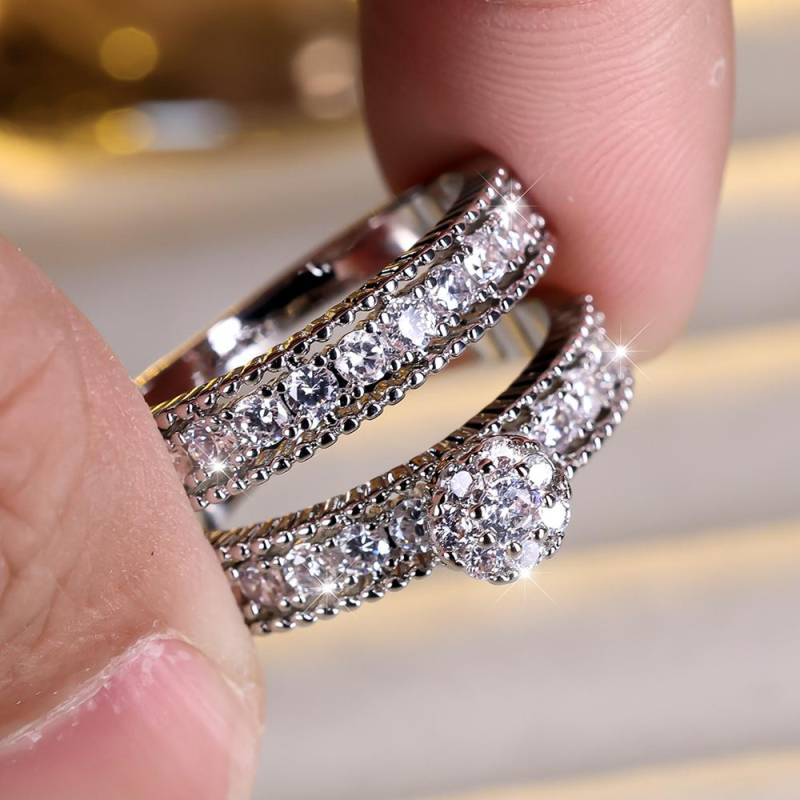 Modisches 2-teiliges Set mit blumenförmigen Zirkonia-Ringen für Frauen, luxuriöse, elegante Verlobungsringe, Party-Schmuckgeschenke 8 weiß/silber von Joom DACH